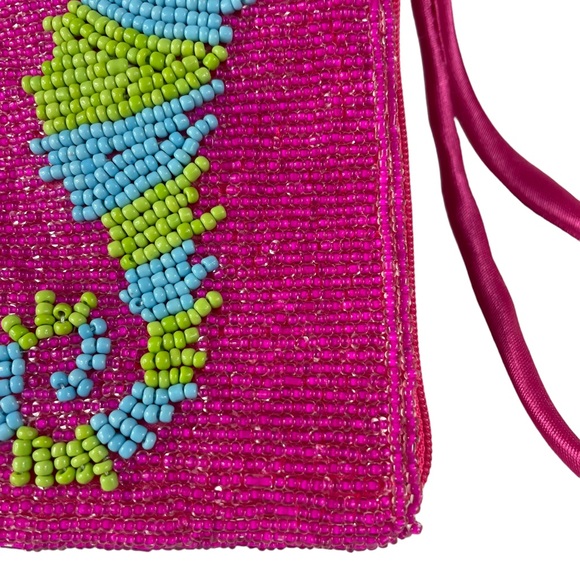 Hand-Beaded Tropical Seahorse Clutch Coin Purse Wallet Pink Island Vibes Sealife - Picture 6 of 14